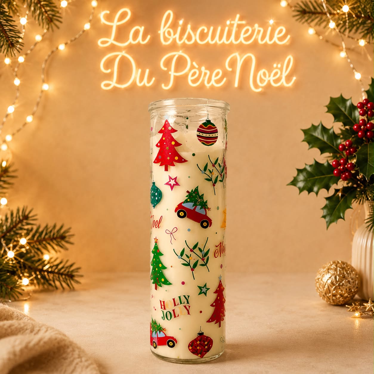 Bougie en verre décorée sapins et voiture rouge motif Holly Jolly