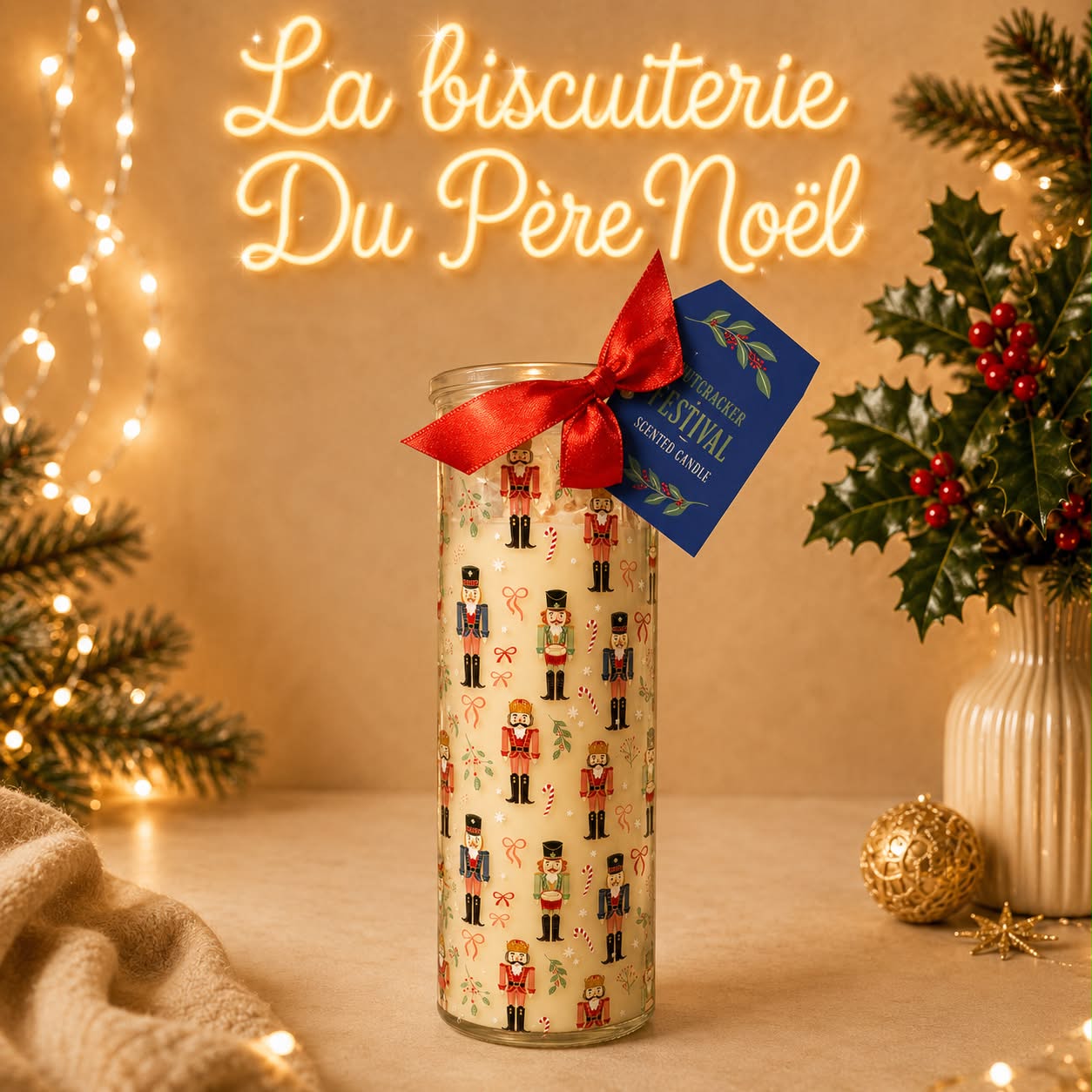 Bougie en verre motif casse-noisettes avec ruban rouge