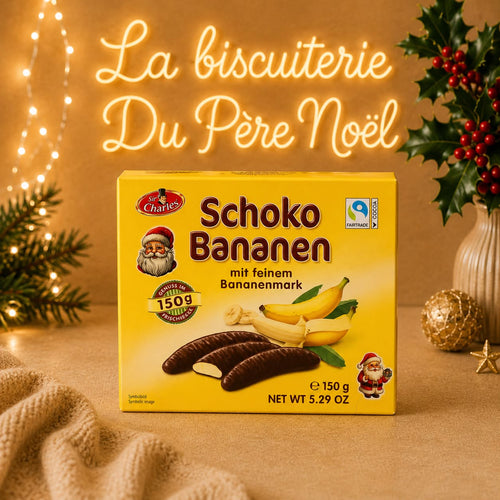 Boîte de bananes chocolatées 150 g dans un décor de Noël