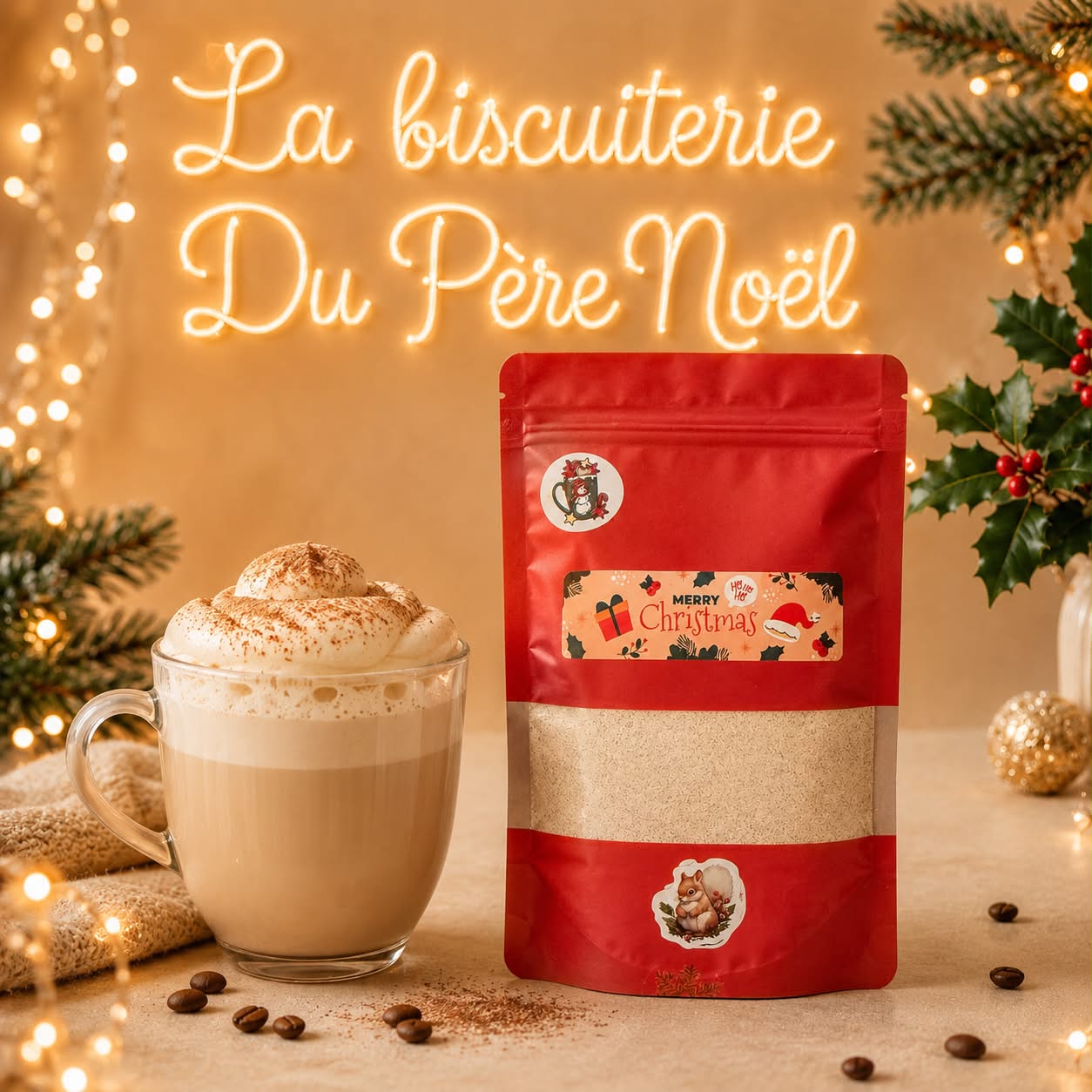Sachet de cappuccino de Noël épicé et tasse de cappuccino moussé
