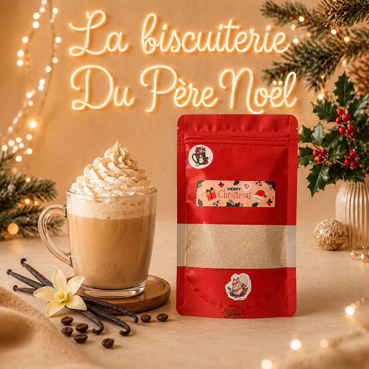 Sachet de latte vanille de Noël, tasse de latte et gousses de vanille