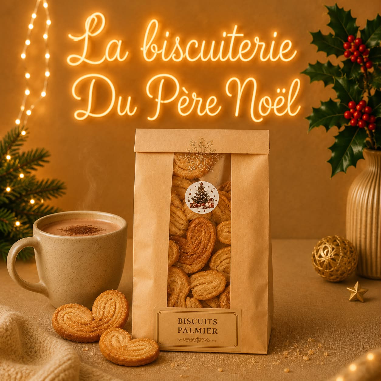 Sachet de biscuits palmier et mug de chocolat chaud