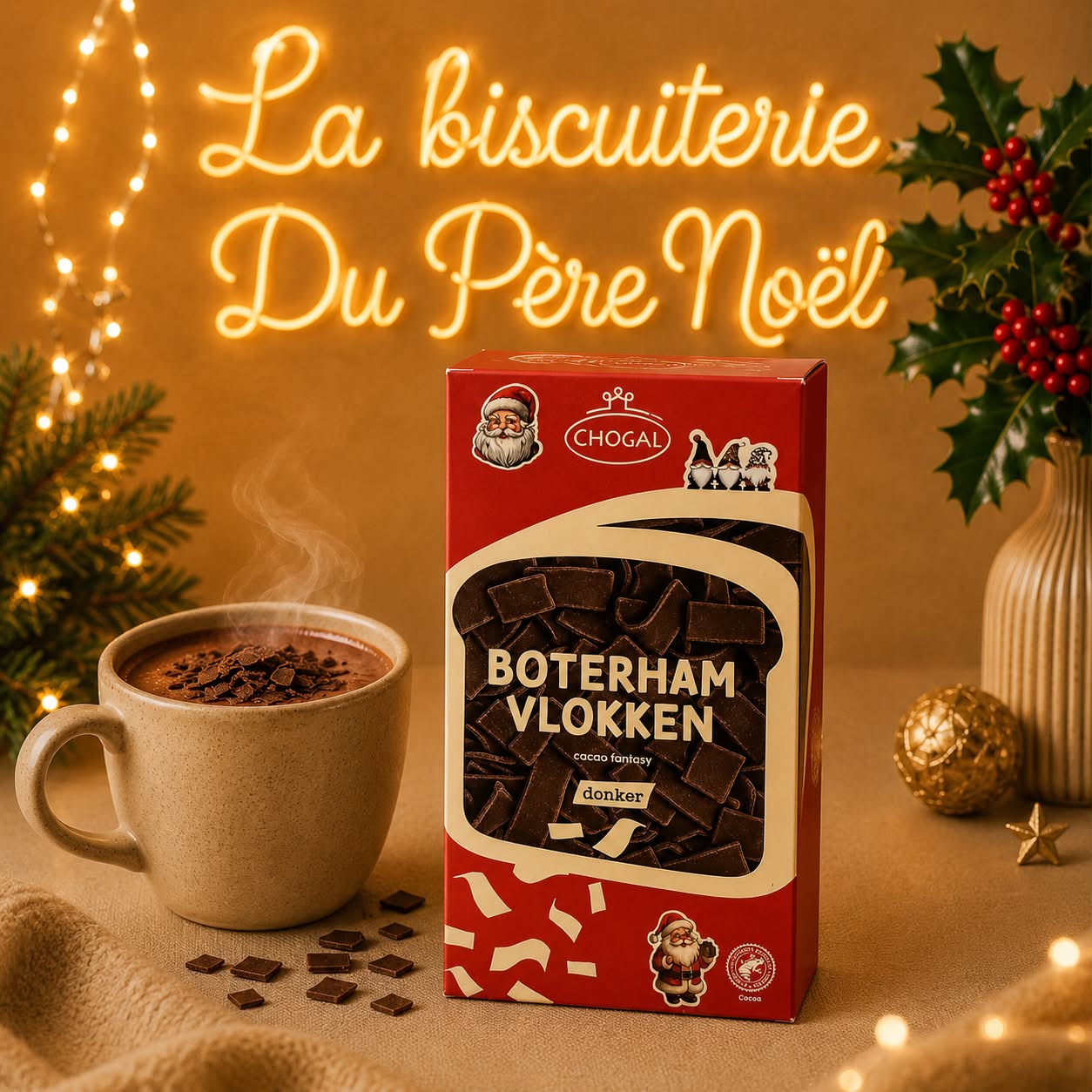 Boîte de copeaux de chocolat noir et mug de chocolat chaud