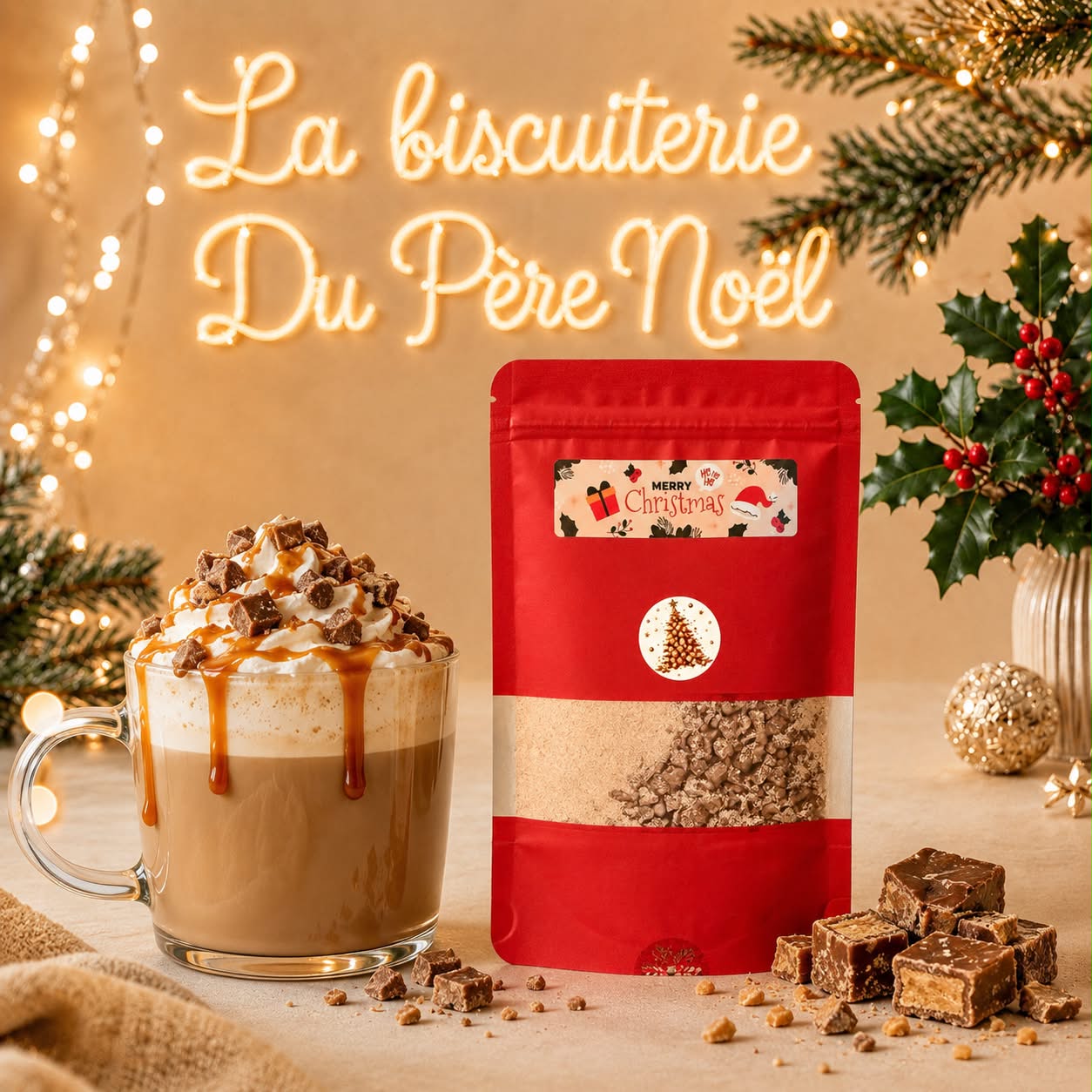 Sachet de latte caramel et éclats de fudge avec tasse de latte caramel