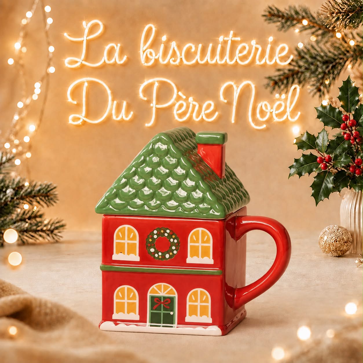 Mug en céramique en forme de maison de Noël avec couvercle en toit