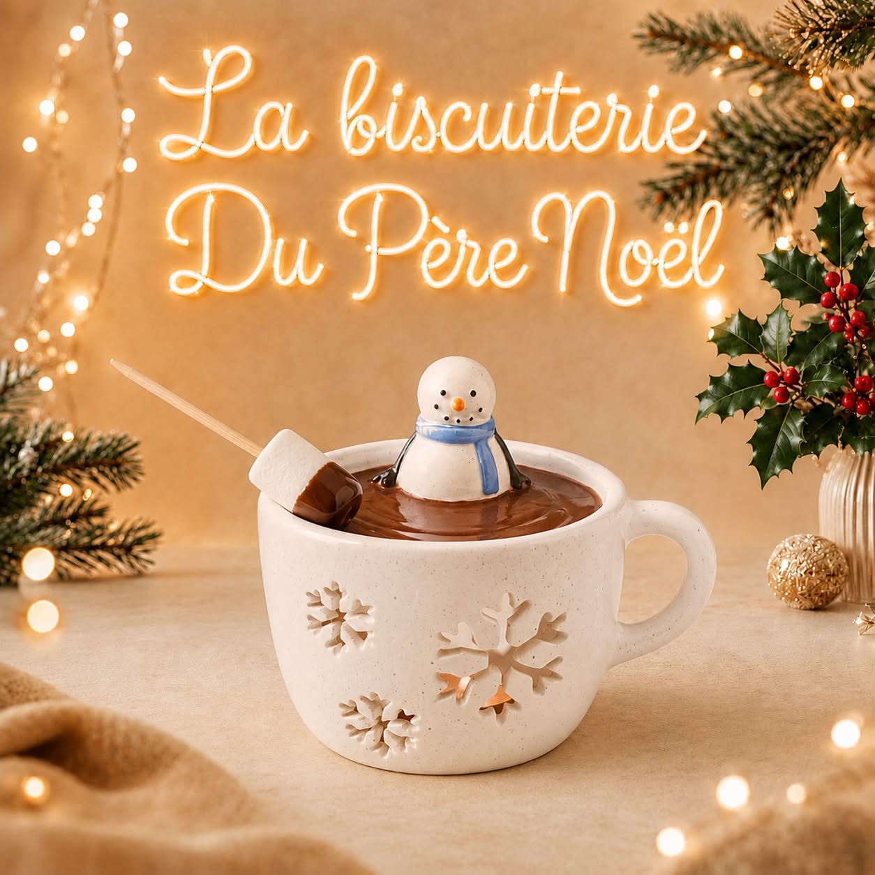 Mug crème à flocons de neige en relief rempli de chocolat chaud