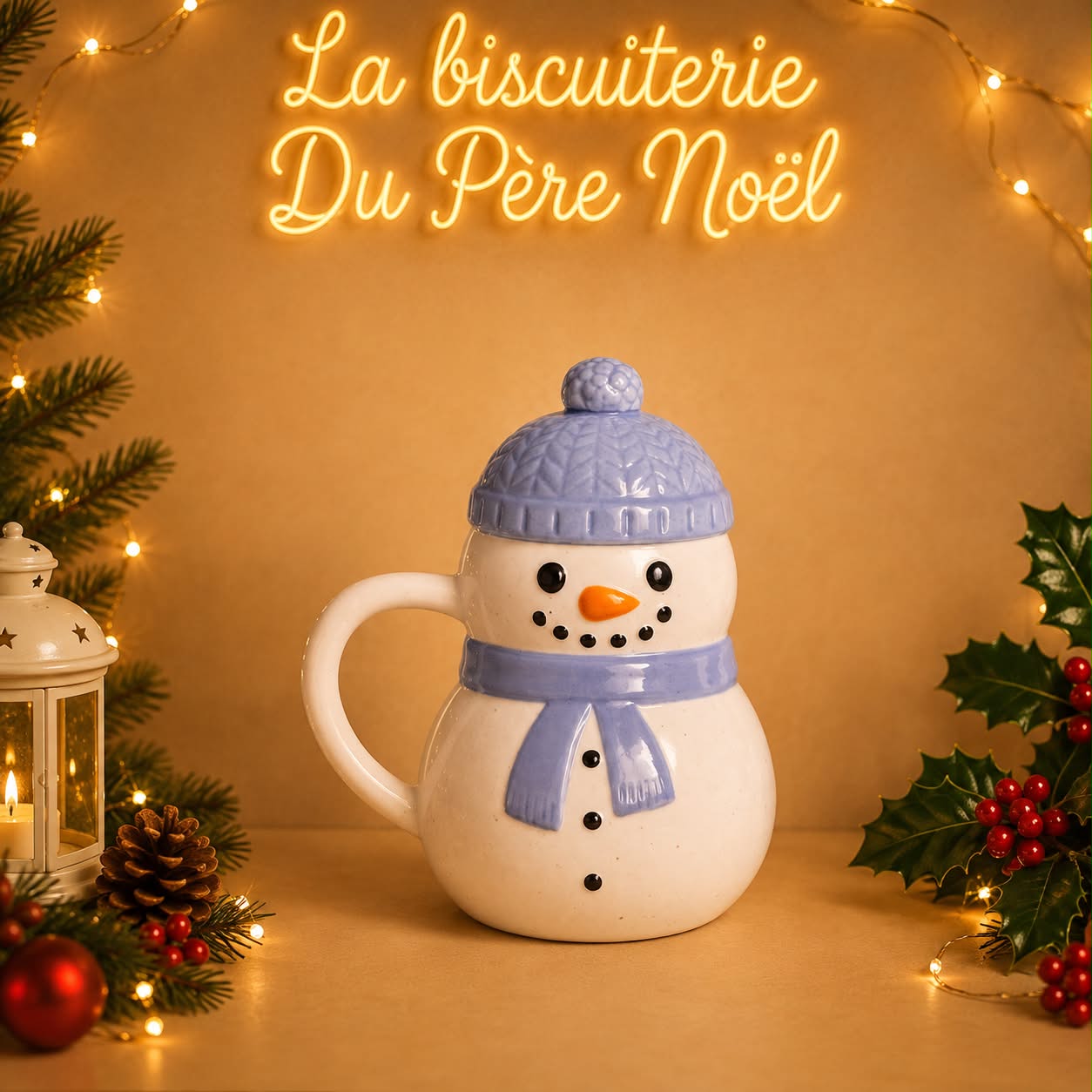Mug bonhomme de neige en céramique avec couvercle bonnet bleu