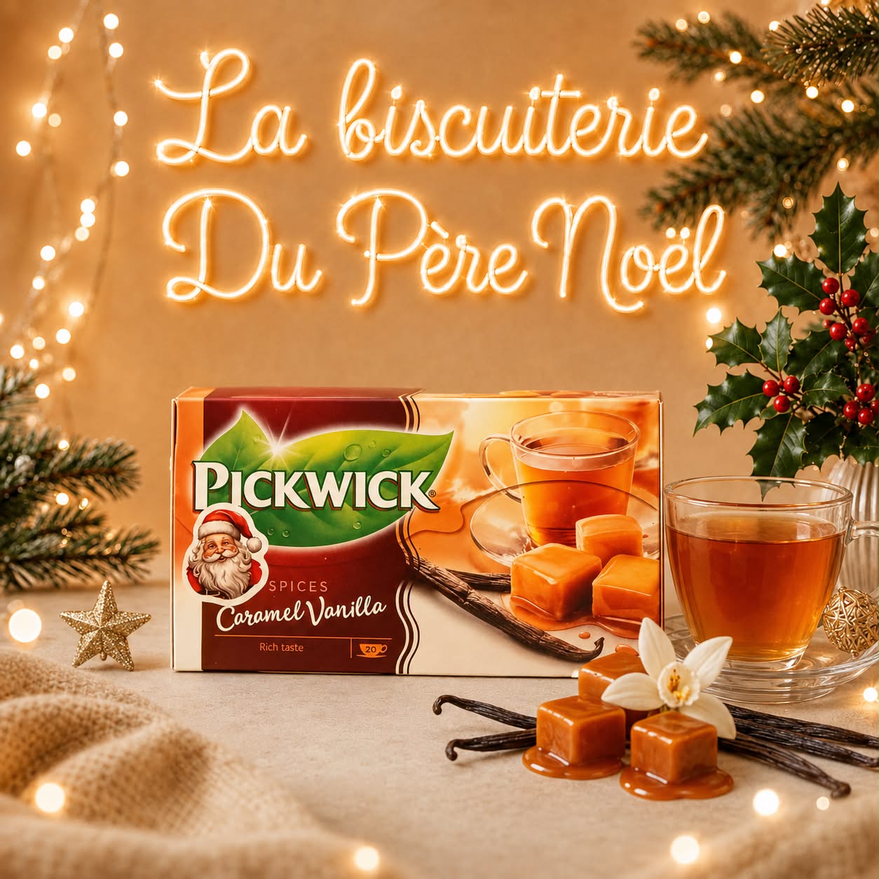 Boîte de thé aux épices caramel et vanille avec tasse de thé