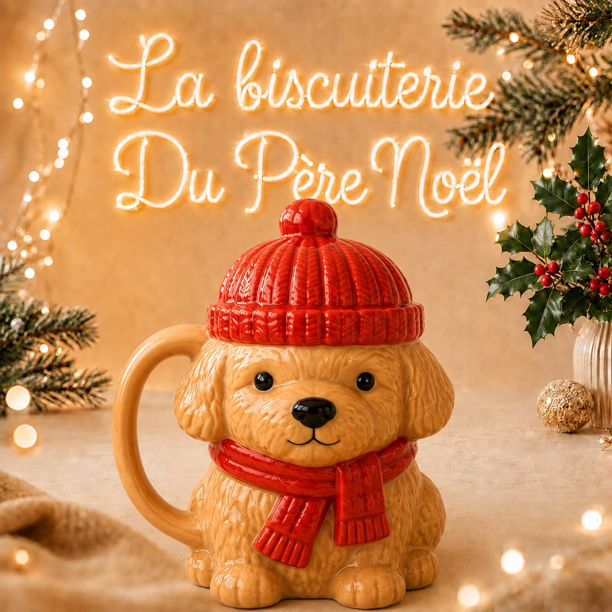 Mug en céramique en forme de chien avec bonnet et écharpe rouges