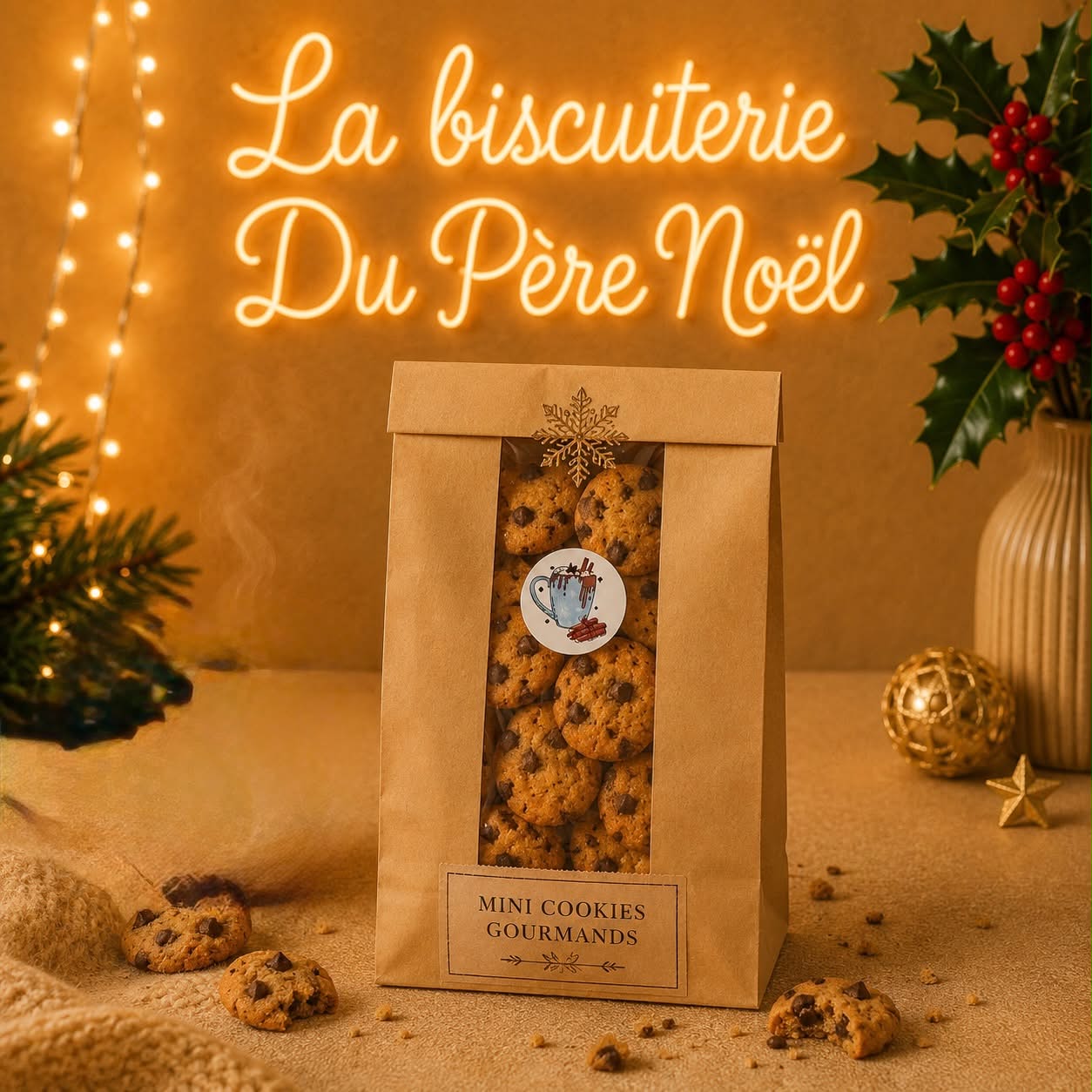 Sachet kraft de mini cookies gourmands aux pépites de chocolat