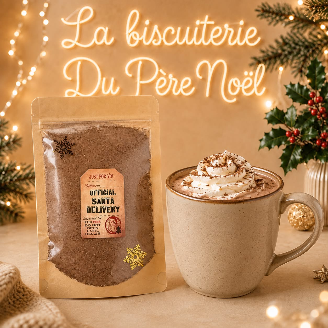 Sachet de chocolat chaud du Père Noël et mug de chocolat chaud à la chantilly