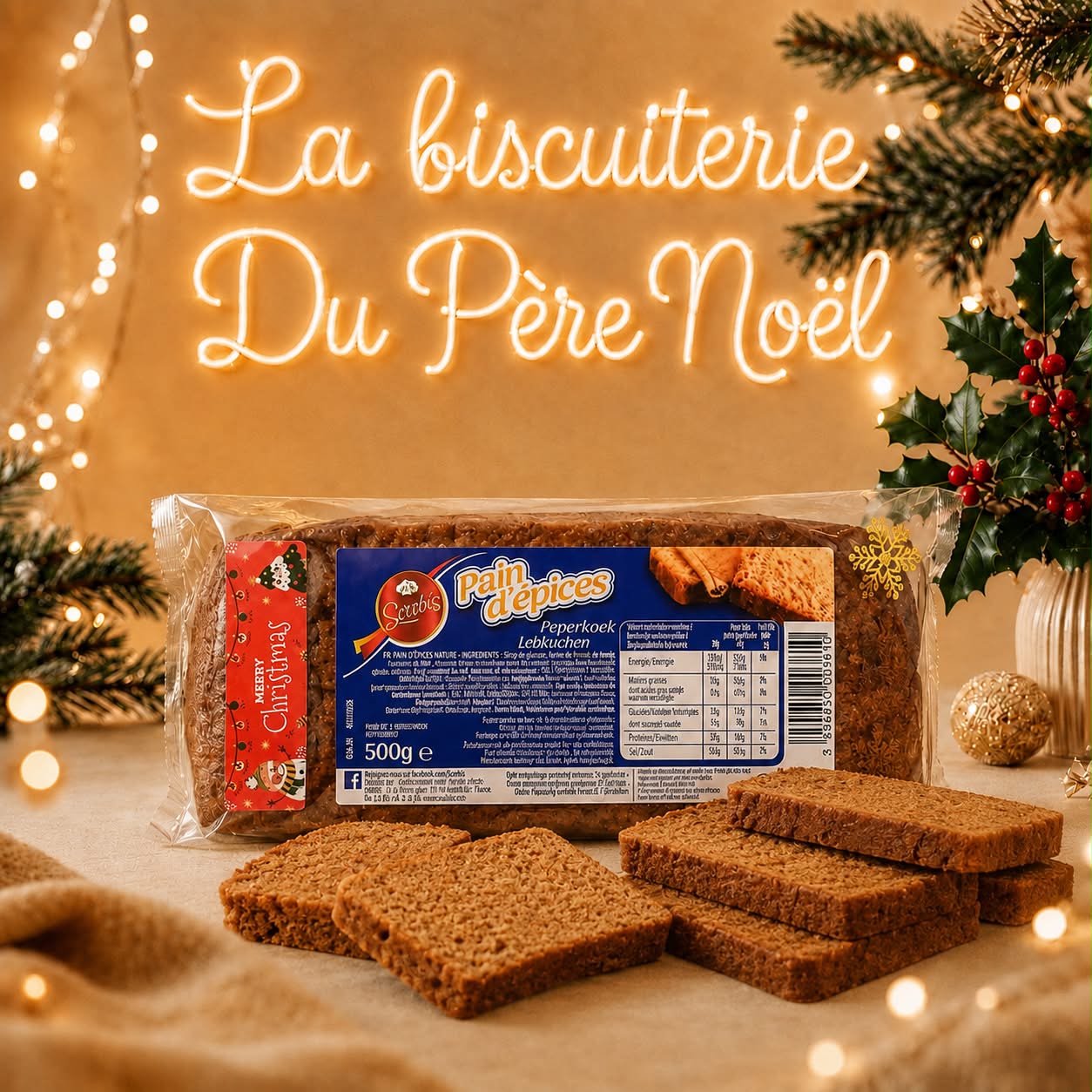 Pain d'épices 500 g tranché dans un décor de Noël