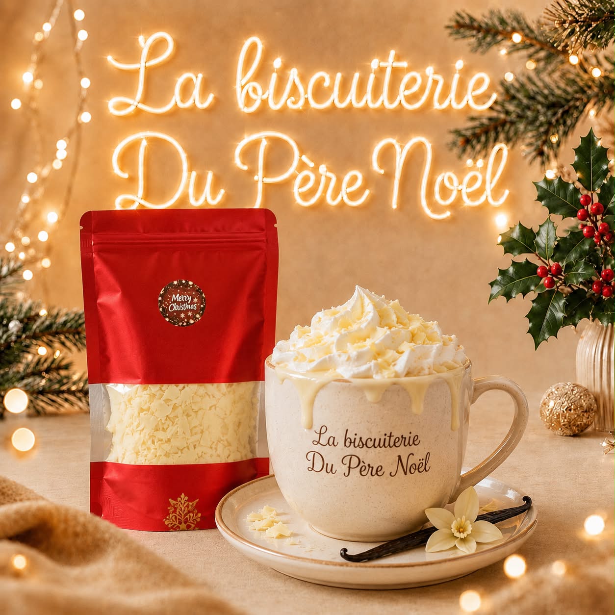 Sachet de chocolat blanc chaud vanillé et mug La Biscuiterie du Père Noël